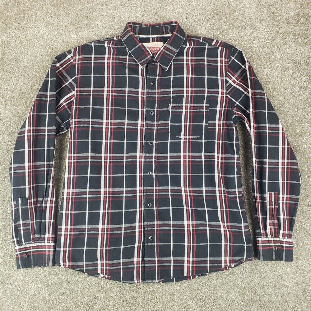 Levis Shirt Large L Mens Black Red Plaid Snap Button Long Sleeve Collared